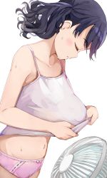 Rule 34 | 1girl, bare arms, bare shoulders, black hair, bow, bow panties, closed eyes, collarbone, commentary request, dutch angle, electric fan, from side, fukumaru koito, highres, hiroki (yyqw7151), idolmaster, idolmaster shiny colors, navel, panties, pink panties, solo, spaghetti strap, sweat, swept bangs, tank top, twintails, underwear, white background