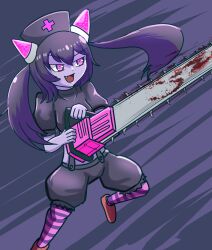 Rule 34 | 1girl, absurdres, black hair, black shirt, black shorts, blood, bloody weapon, chainsaw, chrome (mon-musu quest!), colored skin, commentary, commentary request, crop top, cross, fang, foot out of frame, foxmofumofu, hair between eyes, half-closed eyes, hat, highres, holding, holding chainsaw, horns, long hair, midriff, mon-musu quest!, mon-musu quest: paradox, nurse cap, open mouth, partial commentary, pink eyes, pink horns, pink thighhighs, puffy short sleeves, puffy sleeves, purple skin, purple thighhighs, red footwear, shirt, shoes, short sleeves, shorts, simple background, smile, solo, striped clothes, striped thighhighs, suspenders, thighhighs, twintails, v-shaped eyebrows, weapon