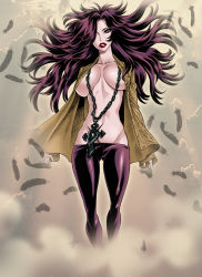 Rule 34 | 1girl, angel para bellum, animal, black feathers, breasts, chain, chain necklace, cloud, cloudy sky, collarbone, cross, cross necklace, feathers, hair over one eye, hatching (texture), jewelry, large breasts, light rays, long hair, navel, necklace, outdoors, parted lips, purple eyes, purple hair, red lips, sky, sleeves past wrists, snake, solo, tamaki nozomu, teeth