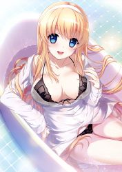 Rule 34 | 1girl, :d, absurdres, bathtub, black bra, black panties, blonde hair, blue eyes, bra, breasts, buttons, cleavage, downblouse, dress shirt, hairband, highres, large breasts, long sleeves, no pants, open mouth, panties, partially submerged, shirahane nao, shirt, smile, solo, thigh gap, tile floor, tiles, underwear, water, white shirt