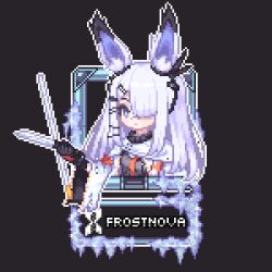 Rule 34 | 1girl, animal ear fluff, animal ears, arknights, black background, black gloves, black jacket, blue eyes, capelet, character name, closed mouth, commentary, commission, english commentary, frostnova (arknights), gloves, grey hair, hair over one eye, holding, ice, iloccorb9, jacket, long hair, looking at viewer, pixel art, simple background, solo, upper body, white capelet