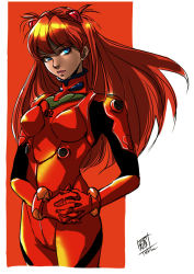 Rule 34 | 1girl, blue eyes, breasts, breasts apart, cowboy shot, hair between eyes, hair ornament, interlocked fingers, lips, long hair, neon genesis evangelion, outside border, own hands clasped, own hands together, parted bangs, plugsuit, red background, red hair, revision, signature, simple background, solo, souryuu asuka langley, standing, teruchan, two side up, white background