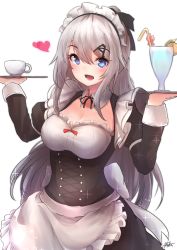 Rule 34 | 1girl, 9a-91 (girls&#039; frontline), absurdres, apron, bendy straw, blue eyes, breasts, commentary, cup, drinking glass, drinking straw, girls&#039; frontline, hair between eyes, hair ornament, hairclip, heart, highres, hiromaster sinta jh, long hair, long sleeves, looking at viewer, maid, maid apron, maid headdress, medium breasts, silver hair, simple background, smile, solo, sparkle, teacup, tray, very long hair, waist apron, white background