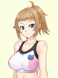 Rule 34 | 10s, 1girl, bare shoulders, blue eyes, brown hair, gundam, gundam build fighters, gundam build fighters try, hoshino fumina, kadokura sion, midriff, solo, sports bra, two-tone sports bra