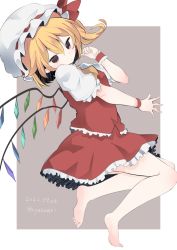 Rule 34 | 1girl, artist name, barefoot, blonde hair, closed mouth, commentary request, dated, feet, flandre scarlet, frilled skirt, frilled sleeves, frilled vest, frills, grey background, hair between eyes, hat, highres, medium hair, mob cap, multicolored wings, puffy short sleeves, puffy sleeves, rainbow order, rainbow wings, red ribbon, red skirt, red vest, ribbon, ribbon-trimmed headwear, ribbon trim, ryannari, shirt, short sleeves, simple background, skirt, skirt set, solo, touhou, v-shaped eyebrows, vest, white hat, white shirt, wings, wrist cuffs