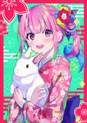 Rule 34 | 1girl, animal, blue hair, blue nails, blue ribbon, blunt bangs, blush, border, colored inner hair, egasumi, floral print, flower, green background, hair flower, hair ornament, hair ribbon, highres, holding, holding animal, hololive, japanese clothes, kanzashi, kikkoumon, kimono, long hair, looking at viewer, minato aqua, multicolored hair, open mouth, pink kimono, print kimono, purple hair, rabbit, red border, red flower, ribbon, side ponytail, sidelocks, smile, solo, streaked hair, teeth, unripe, upper body, upper teeth only, uroko (pattern), virtual youtuber, wide sleeves