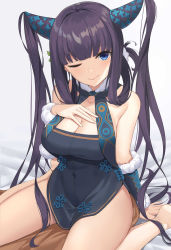 Rule 34 | 1girl, bare shoulders, black hair, blue eyes, blunt bangs, breasts, cleavage, collarbone, covered navel, detached sleeves, eyes visible through hair, fate/grand order, fate (series), grey background, highres, large breasts, long hair, looking at viewer, on bed, one eye closed, simple background, sitting, smile, solo, suiroh (shideoukami), twintails, yang guifei (fate), yang guifei (second ascension) (fate)