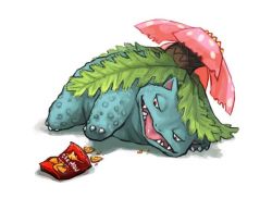 Rule 34 | 10s, claws, creatures (company), doritos, fangs, flower, food, game freak, gen 1 pokemon, lying, nintendo, no humans, open mouth, plant, pokemon, pokemon (creature), red eyes, simple background, solo, teeth, tongue, venusaur, white background