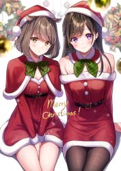 Rule 34 | 2girls, alternate costume, amagi shino, artist name, bare shoulders, belt, between legs, black pantyhose, blurry, blurry foreground, blush, bow, brown hair, christmas, christmas tree, closed mouth, commentary request, dot nose, dress, english text, eyelashes, green bow, hand between legs, happy, hat, highres, long hair, looking at viewer, medium hair, merry christmas, multiple girls, off-shoulder dress, off shoulder, original, pantyhose, parted lips, purple eyes, receptionist girl (amagi shino), receptionist kohai (amagi shino), red dress, santa costume, santa hat, short hair, signature, sitting, smile, striped, striped bow, wreath, yellow eyes