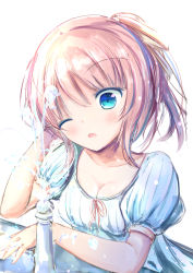 Rule 34 | 1girl, blue dress, blue eyes, blush, breasts, brown hair, brown ribbon, cleavage, collarbone, commentary request, dress, drinking fountain, head tilt, highres, medium breasts, neck ribbon, one eye closed, open mouth, original, puffy short sleeves, puffy sleeves, ribbon, shihou haru, short sleeves, simple background, solo, water, white background