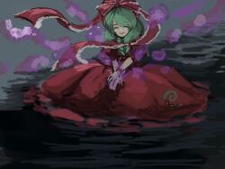 Rule 34 | 1girl, blurry, blurry background, cherry blossoms, closed eyes, crossed arms, dress, flower, in water, kagiyama hina, kneeling, long hair, open mouth, pond, posumine, red dress, red ribbon, red skirt, ribbon, short sleeves, skirt, smile, solo, touhou