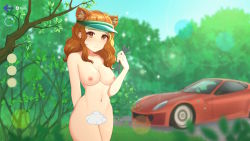 Rule 34 | 1girl, animal ears, artist request, blush, brown eyes, brown hair, car, cat ears, censored, cloud, convenient censoring, copyright request, eastasiasoft, forest, game cg, lens flare, looking at viewer, medium hair, motor vehicle, nature, neko secret room, nude, screencap, solo, sports car, sun visor, tagme, wrench