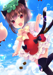 Rule 34 | 1girl, :d, animal ears, balloon, blush, bow, bowtie, brown hair, bubble, cat ears, cat tail, chen, cloud, cloudy sky, commentary request, dress, dutch angle, eyebrows hidden by hair, feet out of frame, frills, gold trim, hat, highres, holding, holding balloon, looking at viewer, mob cap, multiple tails, natsu dora, nekomata, open mouth, outdoors, puffy short sleeves, puffy sleeves, red dress, red eyes, running, short hair, short sleeves, sky, smile, solo, sparkle, tail, thighhighs, touhou, two tails, yellow bow, yellow bowtie