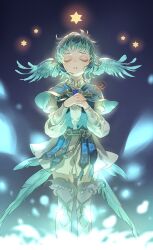 Rule 34 | 1girl, aqua hair, belt, bird girl, bird legs, bird tail, bird wings, blue background, blue capelet, blue gemstone, brooch, capelet, closed eyes, collared dress, commentary request, dress, facing viewer, feathered wings, feet out of frame, final fantasy, final fantasy xiv, gem, glowing, glowing flower, hands up, head wings, jewelry, long sleeves, meteion, own hands together, parted lips, short hair, solo, standing, star (symbol), straight-on, suzuki rika, tail, tassel, white dress, wings
