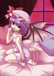 Rule 34 | 1girl, bare shoulders, barefoot, bat wings, bed, chemise, feet, female focus, licking finger, flat chest, highres, indoors, kneeling, licking, light purple hair, nail polish, nightgown, pillow, red eyes, red nails, remilia scarlet, scan, seiza, short hair, sitting, soles, solo, strap slip, tongue, touhou, window, wings, yukimura tsubame