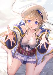 Rule 34 | 1girl, barefoot, belt, beret, blonde hair, blue eyes, breasts, cleavage, cucouroux (granblue fantasy), granblue fantasy, hat, incoming hug, medium breasts, on bed, open mouth, sitting, skirt, solo, twintails, wariza, wide sleeves, ya99ru