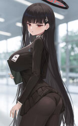 Rule 34 | 1girl, absurdres, ass, black hair, black jacket, black skirt, blazer, blue archive, blurry, blurry background, blush, breasts, clothes lift, cowboy shot, dubeaduver, hair ornament, hairclip, halo, highres, holding, holding tablet pc, jacket, large breasts, long hair, looking back, miniskirt, panties, panties under pantyhose, pantyhose, parted lips, pleated skirt, red eyes, rio (blue archive), skirt, skirt lift, solo, straight hair, tablet pc, underwear, very long hair