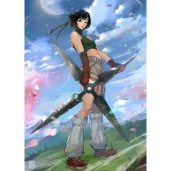 Rule 34 | 1girl, bare shoulders, black hair, breasts, brown eyes, cloud, cloudy sky, crop top, falling petals, final fantasy, final fantasy vii, fingerless gloves, fishnet armwear, full body, full moon, fumezu1, gloves, grass, green shirt, grey shorts, headband, highres, holding shuriken, holding weapon, leg warmers, looking at viewer, midriff, moon, navel, open fly, outdoors, petals, pillarboxed, red footwear, red gloves, shirt, shoes, short hair, shorts, shuriken, signature, sky, sleeveless, sleeveless turtleneck, small breasts, sneakers, solo, standing, swept bangs, turtleneck, yuffie kisaragi