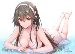 Rule 34 | 1girl, artist name, baileys (tranquillity650), bare shoulders, bikini, black hair, breasts, collarbone, hair between eyes, hair ornament, hairband, hairclip, halterneck, haruna (kancolle), highres, kantai collection, large breasts, long hair, lying, on stomach, partially submerged, sarong, signature, smile, solo, swimsuit, twitter username, water, white background, white bikini, white hairband, white sarong, yellow eyes