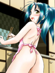 Rule 34 | 1girl, apron, aqua hair, ass, atchy, bare back, blush, chopsticks, looking at viewer, looking back, naked apron, open mouth, pussy, pussy peek, solo, twintails