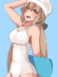 Rule 34 | 1girl, alternate costume, alumina1863, blue background, blush, bow, breasts, brown eyes, brown hair, hair between eyes, hair ornament, hat, kantai collection, large breasts, long hair, looking at viewer, low twintails, one-piece swimsuit, swimsuit, tashkent (kancolle), twintails, twitter username, white one-piece swimsuit