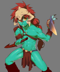 Rule 34 | 1boy, abs, armor, bad id, bad pixiv id, belly, blade, colored skin, dota (series), dota 2, green skin, helmet, highres, huskar (dota), image sample, loincloth, long hair, looking at viewer, lvlv, male focus, midriff, muscular, navel, pixiv sample, red hair, simple background, skull, solo, spiked hair, sword, topless male, tribal, weapon, yellow eyes