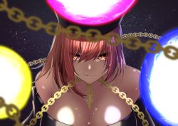 Rule 34 | 1girl, bare shoulders, blurry, breasts, chain, chain between breasts, cleavage, depth of field, earth (ornament), eyes visible through hair, grin, hecatia lapislazuli, highres, moon (ornament), red eyes, red hair, smile, solo, takeka fungi, touhou