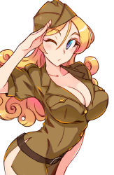 Rule 34 | 1girl, blonde hair, blue eyes, blush, breast pocket, breasts, cleavage, collarbone, covered erect nipples, cowboy shot, curly hair, forehead, from side, hair between eyes, hat, hip vent, kusanagi tonbo, large breasts, long hair, military, military hat, military uniform, no bra, one eye closed, original, perky breasts, pocket, puckered lips, salute, short sleeves, simple background, solo, uniform, white background