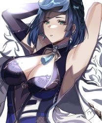 Rule 34 | 1girl, armpits, arms up, bare shoulders, blue hair, blunt bangs, breasts, cleavage, cleavage cutout, clothing cutout, commentary, dice, elbow gloves, genshin impact, gloves, green eyes, highres, large breasts, looking at viewer, lulanoon, mole, mole on breast, parted lips, purple gloves, short hair, simple background, single glove, sleeveless, solo, upper body, white background, yelan (genshin impact)