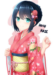 Rule 34 | 1girl, 2018, artist name, bad id, bad pixiv id, black hair, blush, braid, closed mouth, commentary request, floral print, flower, green eyes, hair between eyes, hair flower, hair ornament, japanese clothes, kaieee, kimono, long sleeves, looking at viewer, obi, original, pink flower, pink kimono, print kimono, sash, sidelocks, smile, solo, upper body, white background, wide sleeves