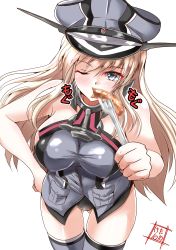 Rule 34 | 1girl, absurdres, anchor, artist logo, bare shoulders, bismarck (kancolle), black panties, blonde hair, blue eyes, commentary request, cowboy shot, eating, food, from above, grey hat, hat, highres, kantai collection, kentan (kingtaiki), looking at viewer, military, military hat, military uniform, one-hour drawing challenge, panties, peaked cap, sausage, simple background, solo, standing, thigh gap, thighhighs, underwear, uniform, white background