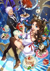 Rule 34 | 1boy, 1girl, archer (fate), blue eyes, brown hair, cake, candy apple, cup, empew, closed eyes, fate/stay night, fate (series), floating, food, fork, formal, high heels, highres, long hair, long legs, plate, ribbon, shorts, silver hair, smile, suit, tea, teacup, thighhighs, tohsaka rin, twintails, two side up