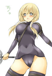 Rule 34 | 00s, 1girl, blonde hair, blush, breasts, cameltoe, claymore (series), covered erect nipples, cynthia (claymore), grey eyes, huge breasts, large breasts, pocopoco, solo, standing, sword, thighhighs, twintails, weapon