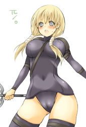 00s 1girl blonde_hair blush breasts cameltoe claymore_(series) covered_erect_nipples cynthia_(claymore) female_focus grey_eyes huge_breasts large_breasts pocopoco solo standing sword thighhighs twintails weapon