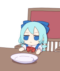 Rule 34 | 1girl, absurdres, blue bow, blue dress, blue eyes, blue hair, bow, chair, cirno, closed mouth, collared shirt, detached wings, dress, fairy, fumo (doll), hair between eyes, hair bow, highres, ice, ice wings, kame (kamepan44231), plate, shirt, short hair, short sleeves, simple background, sitting, solo, touhou, white background, white shirt, wings