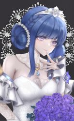 Rule 34 | 1girl, absurdres, bare shoulders, black background, blue eyes, blue flower, blue hair, bouquet, breasts, bride, cleavage, crystal rose sona, detached sleeves, double bun, dress, flower, green nails, hair bun, heart, highres, hnnk buta, holding, holding bouquet, large breasts, league of legends, nail polish, smile, solo, sona (league of legends), upper body, wedding dress