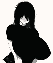 Rule 34 | 1girl, black hair, black shirt, blush, breasts, covered eyes, covering face, female focus, hair over eyes, highres, large breasts, long hair, looking at viewer, messy hair, mole, mole above mouth, monochrome, muroku (aimichiyo0526), no eyes, open mouth, original, parted lips, shirt, simple background, solo, sweat, upper body, white background