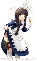 Rule 34 | 1girl, alternate costume, animal ears, apron, black hair, blue dress, blunt bangs, braid, clothes lift, commentary request, dated, dress, dress lift, enmaided, fake animal ears, feet out of frame, frilled apron, frills, hair ribbon, index finger raised, kantai collection, kitakami (kancolle), long hair, maid, maid headdress, one-hour drawing challenge, panties, rabbit ears, ray.s, ribbon, side-tie panties, sidelocks, simple background, single braid, socks, solo, torpedo launcher, tress ribbon, twitter username, underwear, white apron, white background, white socks
