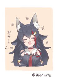 Rule 34 | 1girl, :3, animal ear fluff, animal ears, bare shoulders, black hair, black shirt, blush, closed eyes, collarbone, detached sleeves, hair ornament, highres, hololive, irie keisuke (handn), long hair, necktie, ookami mio, ookami mio (1st costume), open mouth, red necktie, shirt, sleeveless, sleeveless shirt, smile, solo, twitter username, upper body, virtual youtuber, wolf ears, wolf girl
