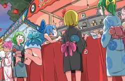Rule 34 | 5girls, :q, adapted costume, alternate costume, bag, bagged fish, black kimono, blonde hair, blue bow, blue kimono, blush stickers, bow, candy apple, chopsticks, cirno, commentary request, cotton candy, daiyousei, detached wings, eating, evening, fish, floral print, food, food stand, game boy, game boy (original), goldfish, green eyes, green hair, gun, hair bow, hair ribbon, hand fan, handheld game console, holding, holding food, holding gun, holding weapon, ice, ice wings, japanese clothes, kimono, lantern, light bulb, long sleeves, looking at another, market stall, multiple girls, mystia lorelei, one eye closed, open mouth, outdoors, panties, pantyshot, paper fan, paper lantern, pink hair, pink kimono, ponytail, print kimono, red ribbon, ribbon, rumia, sandals, shelf, shooting gallery, short ponytail, sleeveless, smile, stuffed animal, stuffed rabbit, stuffed toy, summer festival, team 9 (touhou), tongue, tongue out, touhou, tree, uchiwa, underwear, weapon, wide sleeves, wings, yellow bow, yukata, zk (zk gundan)