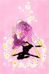 Rule 34 | animal, animal focus, closed eyes, colored eyelashes, deer, fawn, fleebites, head down, light, marker (medium), no humans, original, pastel colors, pink background, pink fur, pink theme, standing, traditional media, yellow light