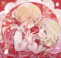 Rule 34 | 2girls, ahoge, ankz chang, apple, blonde hair, blush, child, dress, eye contact, food, fruit, futaba anzu, hand on hand, highres, holding, holding food, holding fruit, idolmaster, idolmaster cinderella girls, long sleeves, looking at another, multiple girls, pinafore dress, plaid, plaid dress, puffy long sleeves, puffy sleeves, red dress, short twintails, sleeveless, sleeveless dress, twintails, yuri, yusa kozue