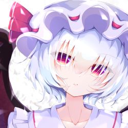 Rule 34 | 1girl, bat wings, closed mouth, collar, collared dress, dress, eyes visible through hair, frilled collar, frills, grey background, hair between eyes, hat, hat ribbon, highres, looking away, mob cap, pink eyes, pink ribbon, remilia scarlet, ribbon, short hair, silver hair, simple background, solo, teeth, tomoe (fdhs5855), touhou, upper body, white background, white dress, white hat, wings