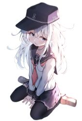 Rule 34 | 1girl, absurdres, black hat, blue eyes, blue hair, dfd, hat, hibiki (kancolle), highres, kantai collection, long hair, long sleeves, looking at viewer, simple background, sitting, solo