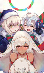 Rule 34 | 3girls, :&gt;, :d, :o, ^ ^, ahoge, altera (fate), altera the santa (fate), artoria pendragon (all), artoria pendragon (fate), bare shoulders, bell, black gloves, blue capelet, blue gloves, blue hat, blush, bow, capelet, choker, closed eyes, closed mouth, collarbone, commentary request, dark-skinned female, dark skin, detached sleeves, facing viewer, fate/grand order, fate (series), fur-trimmed capelet, fur-trimmed headwear, fur trim, gloves, hair between eyes, hat, headpiece, highres, jeanne d&#039;arc (fate), jeanne d&#039;arc alter santa lily (fate), long hair, looking at viewer, multiple girls, open mouth, pantie painting, red choker, red eyes, ribbon, santa alter, santa hat, sheep, smile, striped bow, striped ribbon, teeth, upper teeth only, v, veil, white capelet, white hair, yellow eyes