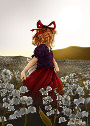 Rule 34 | 1girl, black shirt, blonde hair, bow, bubble skirt, doll, field, flower, flower field, frilled shirt collar, frills, lily of the valley, looking back, medicine melancholy, nameless hill, nutmegnautilus, puffy short sleeves, puffy sleeves, red bow, red ribbon, red skirt, ribbon, shirt, short hair, short sleeves, skirt, solo, touhou, wavy hair, white flower