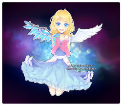 Rule 34 | 1girl, :d, angel, angel wings, artist name, asymmetrical wings, blonde hair, blue eyes, border, borrowed character, cassie (acerailgun), cyborg, detached sleeves, dress, feathered wings, full body, highres, ichiban daisuki, mechanical arms, mechanical wings, open mouth, original, single mechanical arm, smile, solo, white border, wings