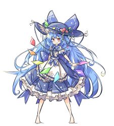 Rule 34 | 1girl, barefoot, blue dress, blue hair, blue headwear, bow, dress, evil smile, hair bow, highres, hinanawi tenshi, long hair, looking at viewer, primsla, red eyes, simple background, smile, solo, solo focus, touhou, white background