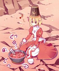 Rule 34 | 1girl, bad food, blonde hair, blush, bone, bow, bowl, breasts, brown hat, closed mouth, commentary request, cooking, cooking pot, cowlick, cross, cross necklace, dirt, doridori, dress, food, full body, hair between eyes, hat, high priest (ragnarok online), jewelry, juliet sleeves, long sleeves, medium bangs, musical note, necklace, on ground, pointy ears, puffy sleeves, ragnarok online, red dress, red eyes, rock, sash, seiza, shako cap, short hair, sitting, small breasts, smile, solo, soup, thighhighs, two-tone dress, white bow, white dress, white sash, white thighhighs