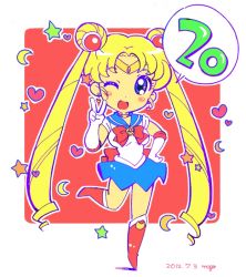 Rule 34 | 1girl, artist name, bishoujo senshi sailor moon, blonde hair, blue eyes, blue sailor collar, blush, blush stickers, boots, choker, circlet, crescent, crescent earrings, dated, double bun, earrings, elbow gloves, full body, gloves, hand on own hip, heart, jewelry, knee boots, long hair, miniskirt, mog (456shiro), one eye closed, open mouth, red footwear, ribbon, sailor collar, sailor moon, signature, skirt, smile, solo, standing, standing on one leg, tsukino usagi, twintails, v, very long hair, white gloves